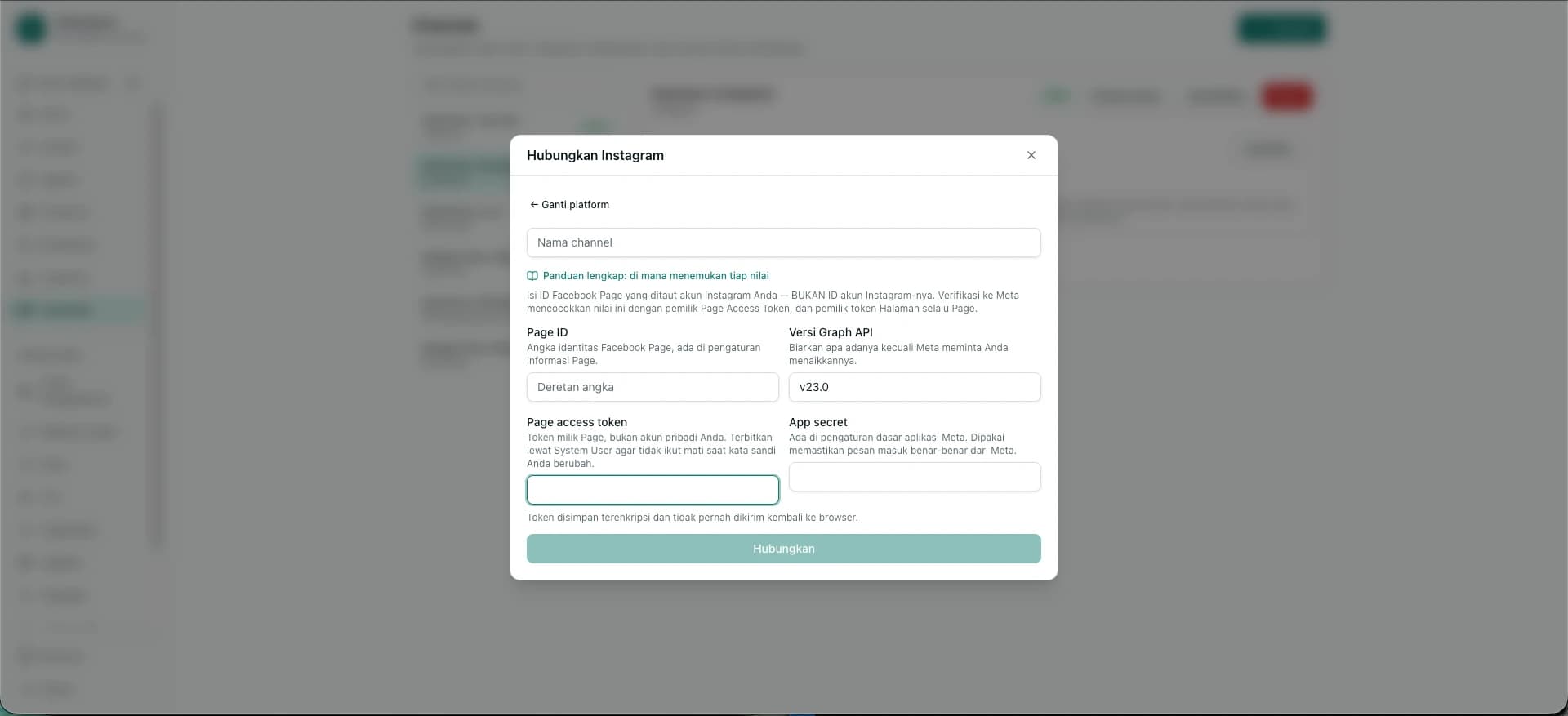 Formulir Hubungkan Instagram dengan kolom Page ID, versi Graph API, Page access token, dan App secret