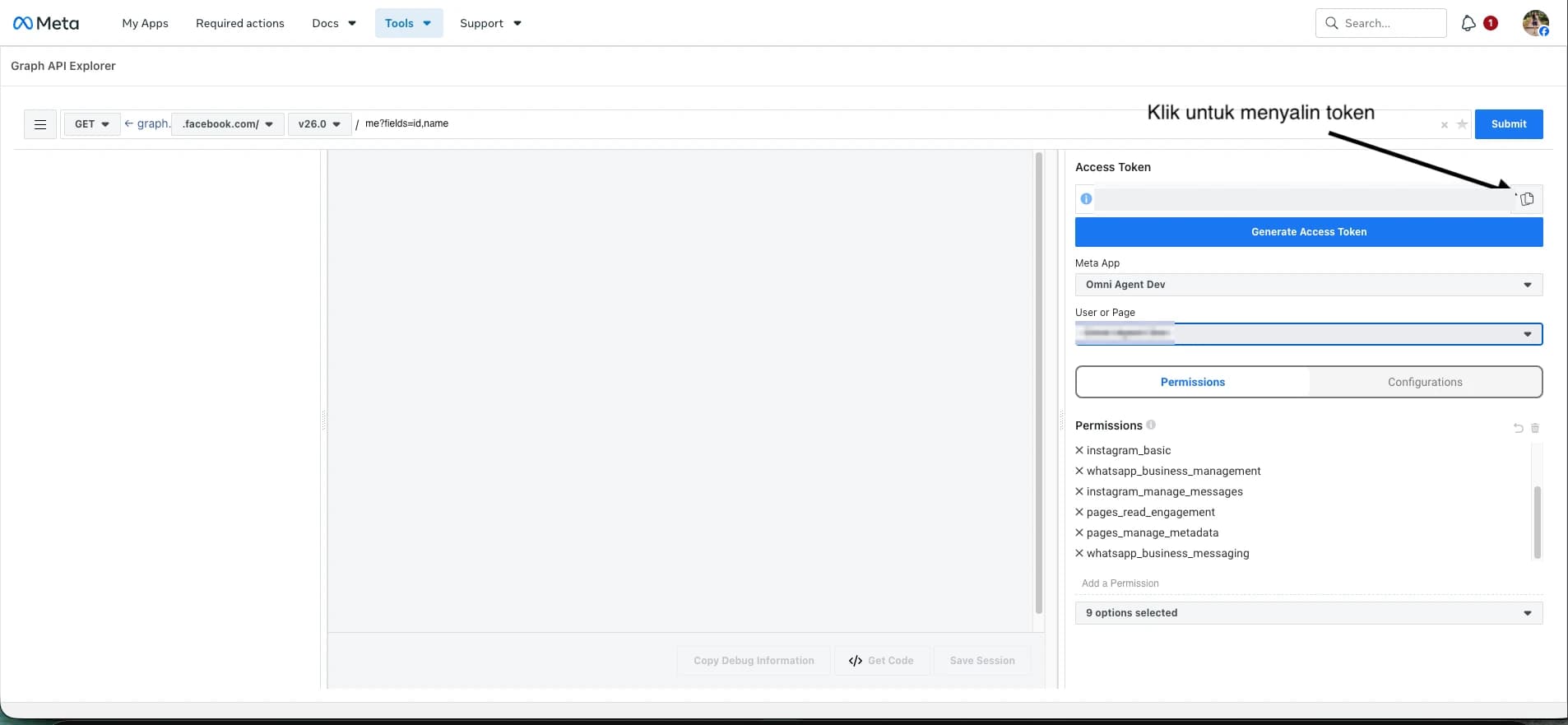 Graph API Explorer dengan daftar izin terpilih dan tombol menyalin access token di kanan atas