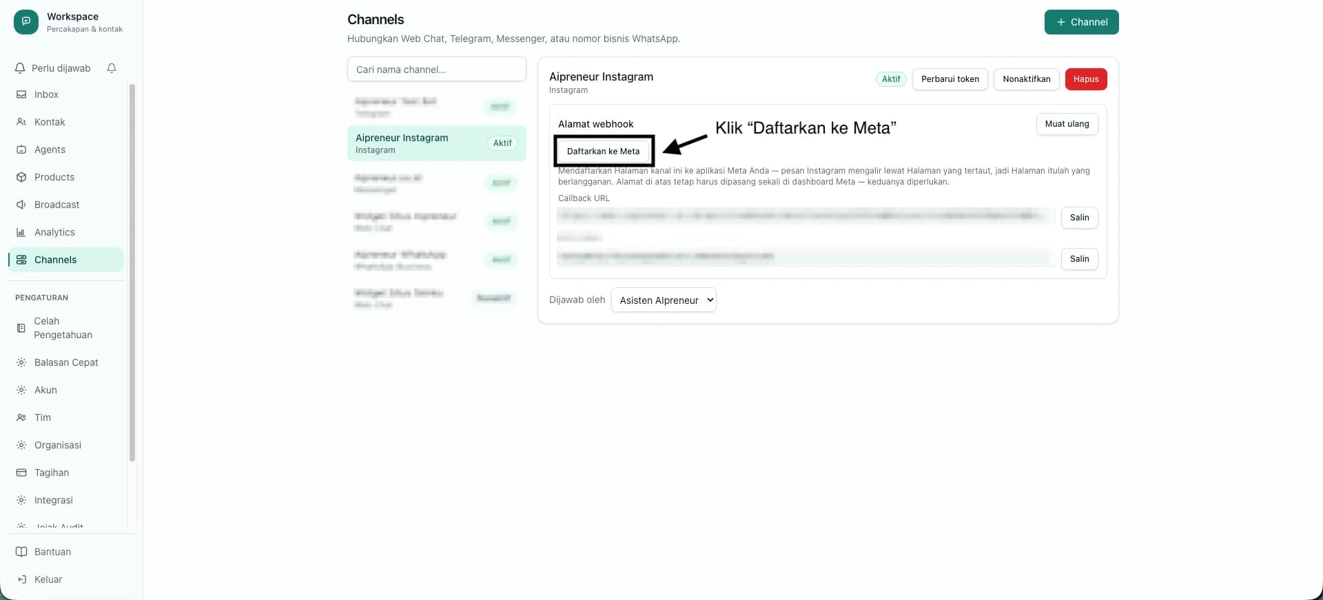 Panel channel Instagram dengan tombol Daftarkan ke Meta ditandai, dan alamat webhook di bawahnya