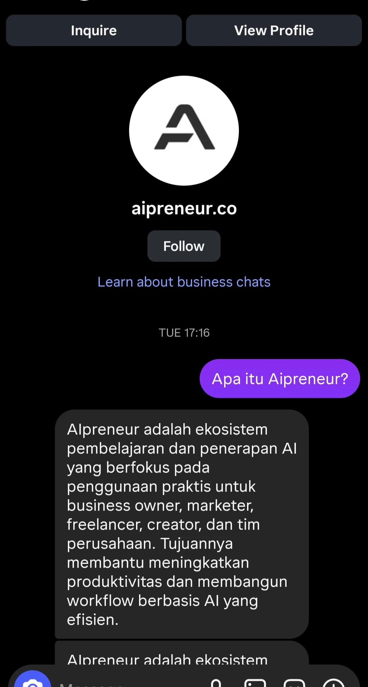 Percakapan DM Instagram di ponsel, menampilkan pertanyaan dan jawaban dari agent AI
