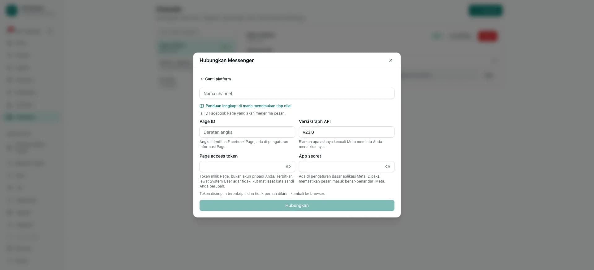 Formulir Hubungkan Messenger dengan empat kolom yang harus diisi
