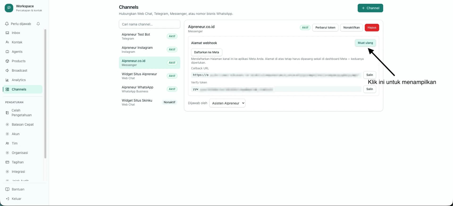 Panel channel Messenger menampilkan tombol Daftarkan ke Meta serta Callback URL dan Verify token yang disensor