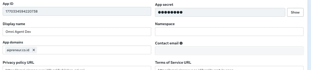 Halaman App settings Basic di dasbor Meta dengan App ID terlihat dan App secret masih tertutup, beserta tombol Show di sebelahnya