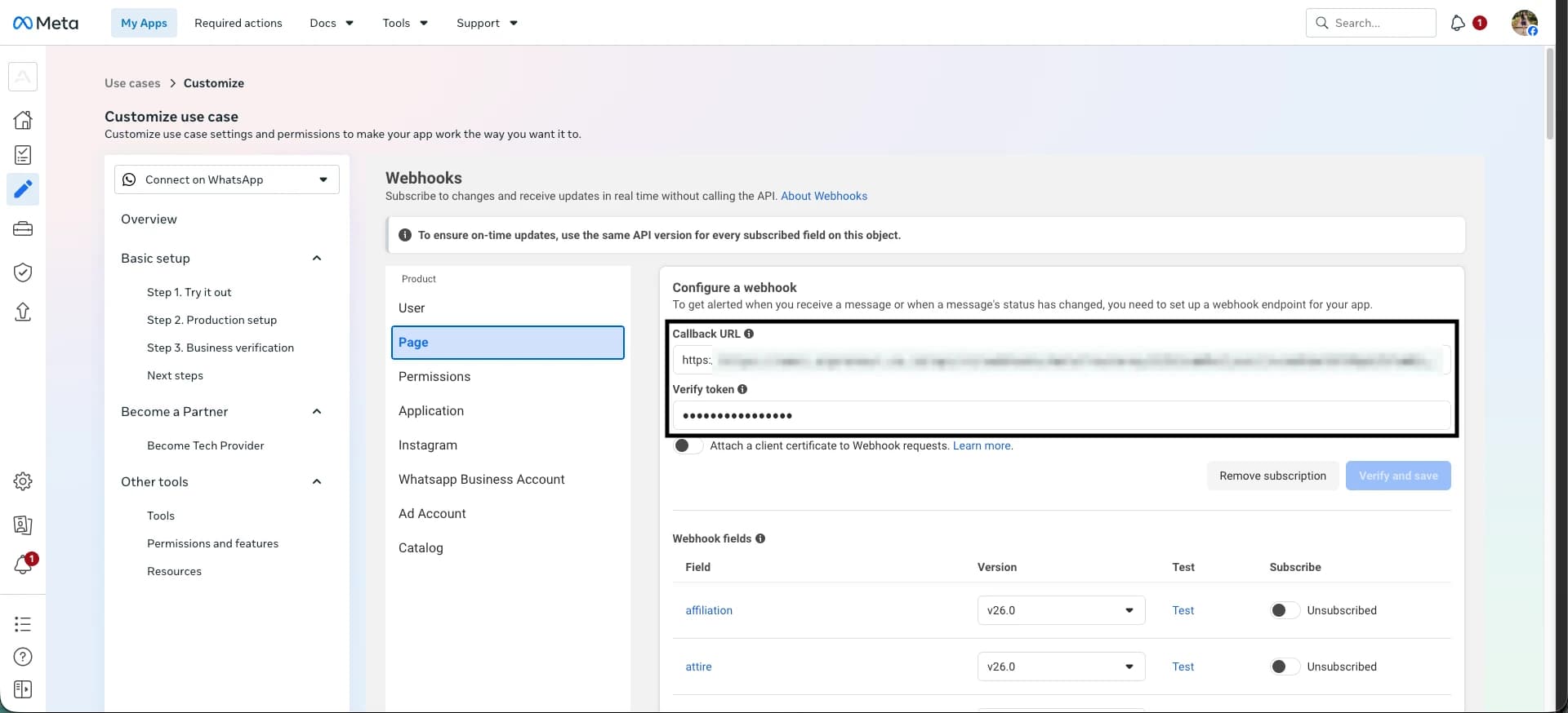 Halaman konfigurasi webhook di dashboard Meta dengan objek Page terpilih dan kolom Callback URL serta Verify token terisi