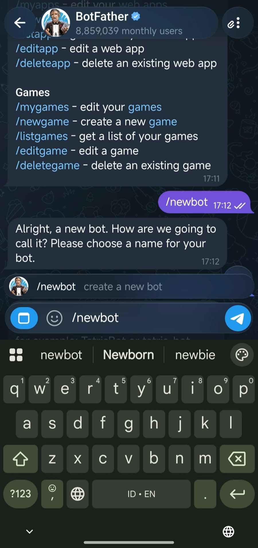 Percakapan dengan BotFather di Telegram setelah perintah /newbot dikirim, dan BotFather menanyakan nama bot