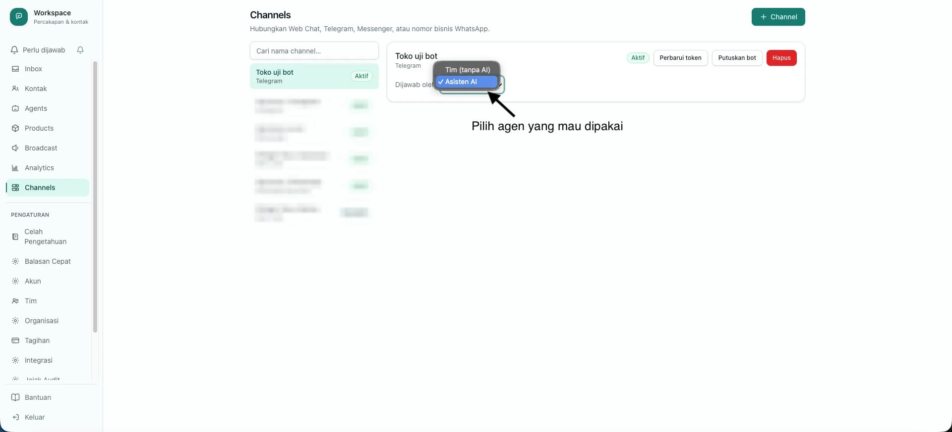 Pemilih Dijawab oleh pada detail channel, dengan pilihan Asisten AI sedang dipilih
