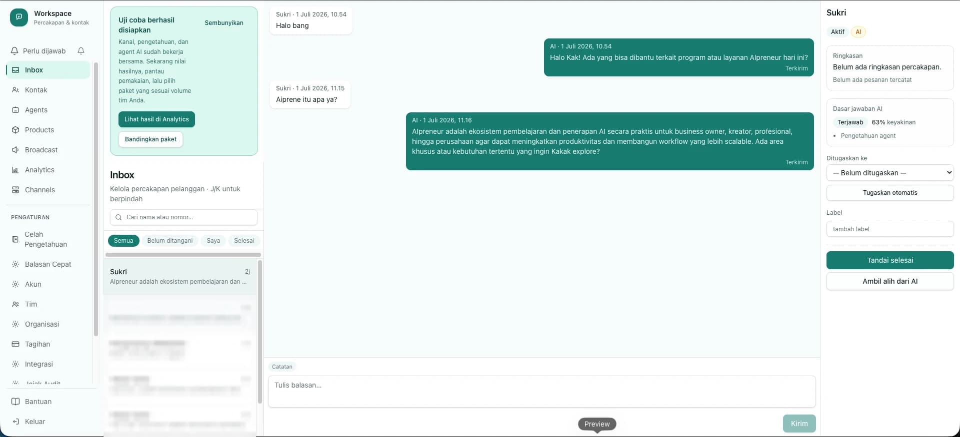 Inbox menampilkan percakapan Telegram yang masuk beserta balasan yang disusun agent AI