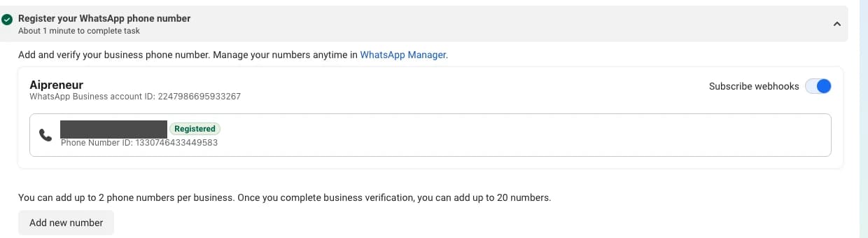 Bagian Register your WhatsApp phone number di dasbor Meta, menampilkan WhatsApp Business account ID dan Phone Number ID dengan nomor telepon disensor