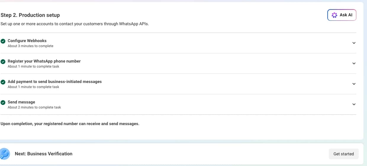 Halaman Step 2 Production setup di dasbor Meta dengan empat tugas: Configure Webhooks, Register your WhatsApp phone number, Add payment, dan Send message