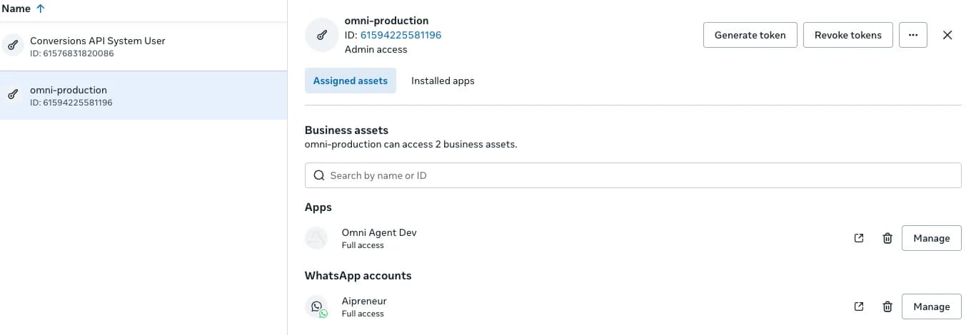 Halaman System users di Meta Business Settings dengan satu system user terpilih, tombol Generate token, dan daftar aset yang bisa diaksesnya