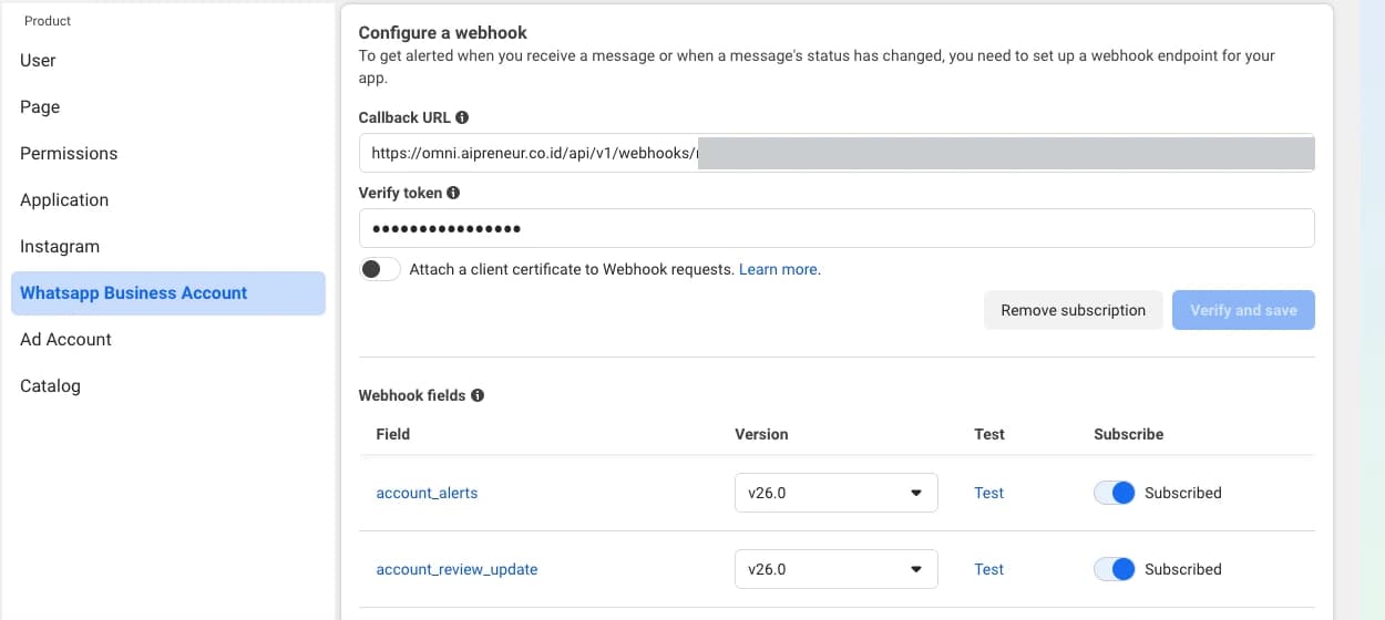 Halaman Configure a webhook di dasbor Meta dengan produk Whatsapp Business Account sedang dipilih, kolom Callback URL sebagian disensor, dan daftar field berstatus Subscribed