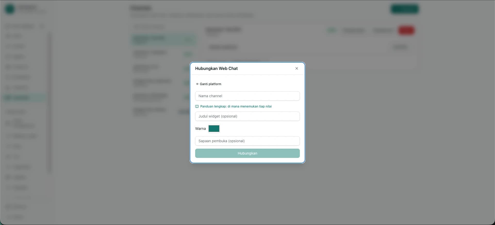 Formulir Hubungkan Web Chat dengan kolom nama channel, judul widget, pemilih warna, dan sapaan pembuka