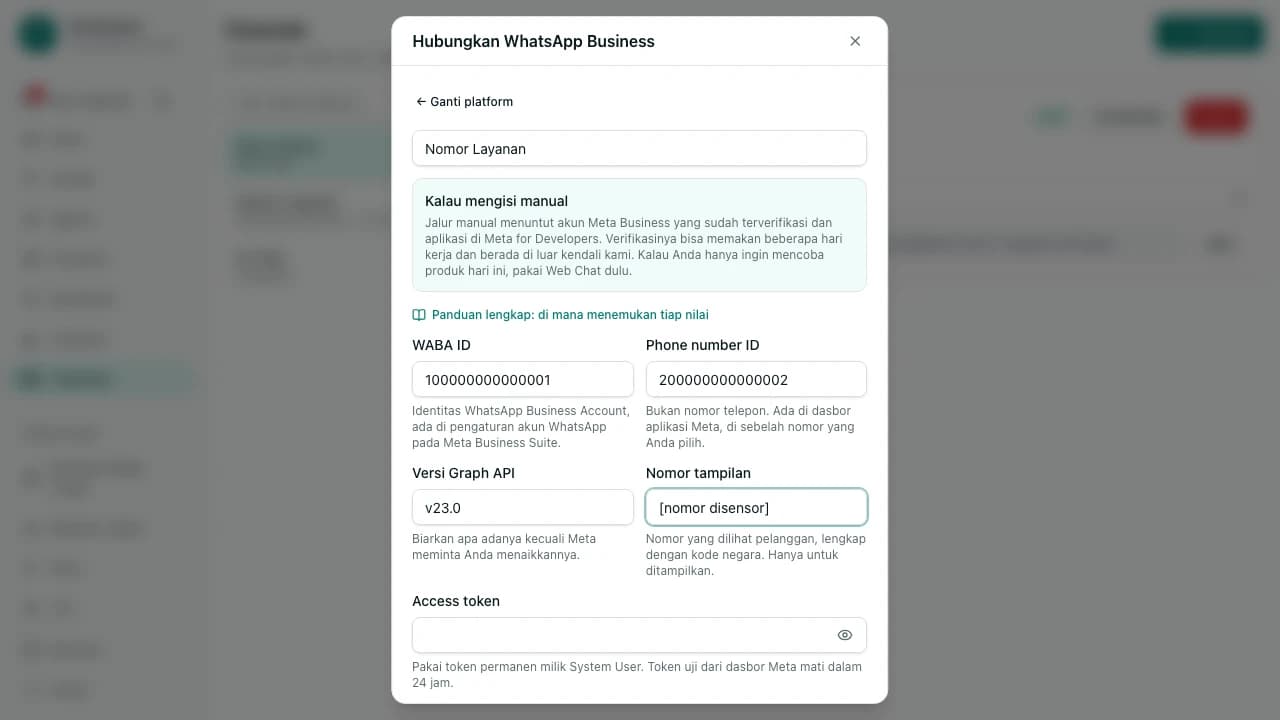Formulir Hubungkan WhatsApp Business dengan kolom WABA ID, Phone number ID, Versi Graph API, Nomor tampilan, dan Access token