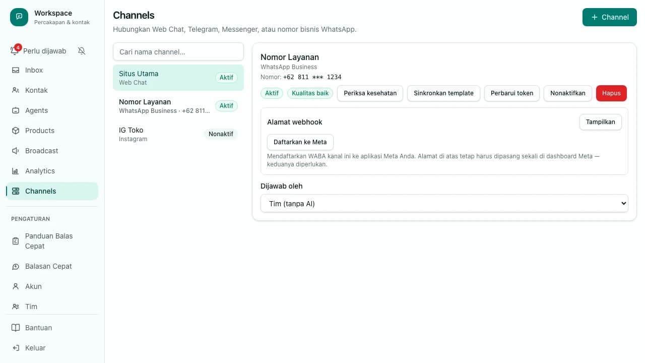 Daftar channel menampilkan kanal WhatsApp Business bernama Nomor Layanan dengan lencana Aktif dan Kualitas baik