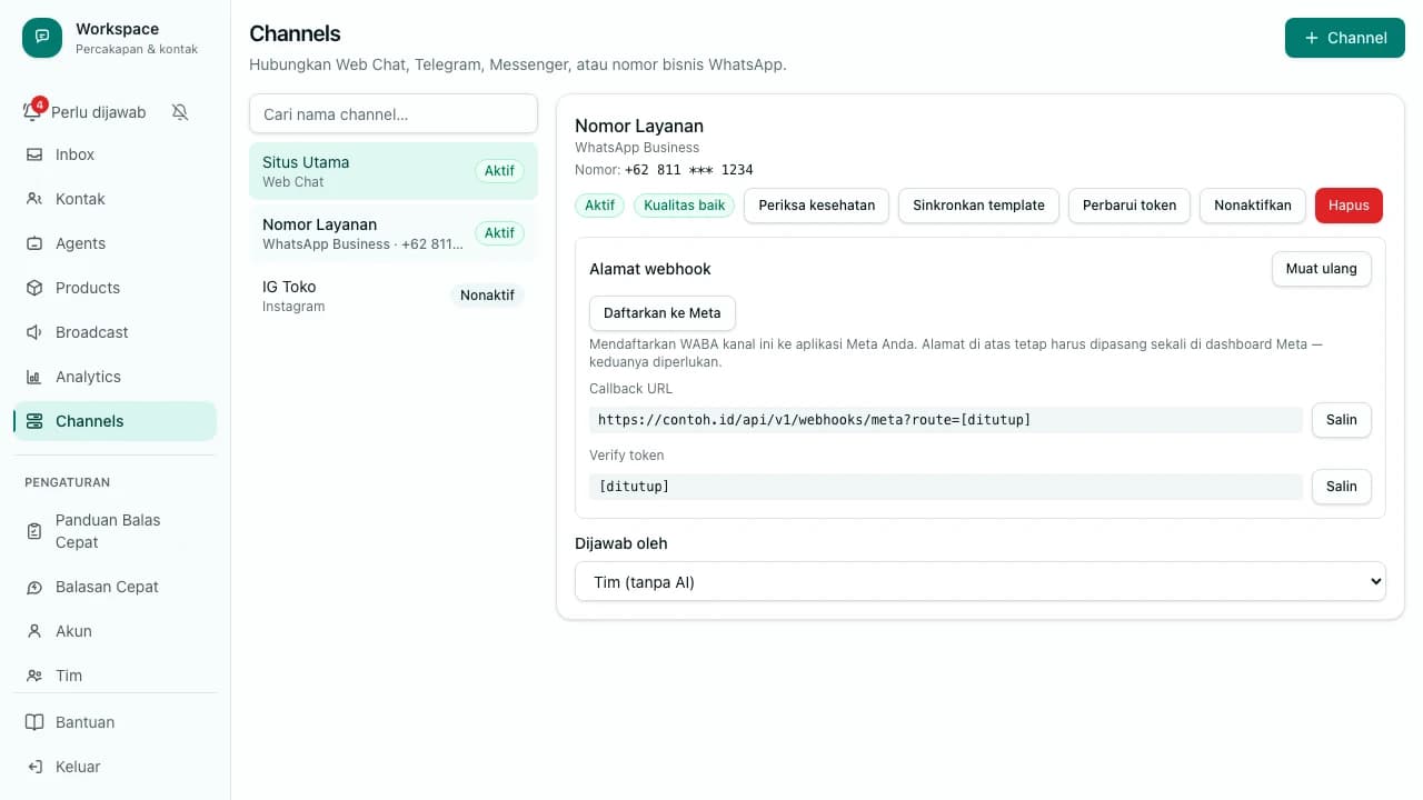 Panel channel WhatsApp menampilkan tombol Daftarkan ke Meta beserta Callback URL dan Verify token, masing-masing dengan tombol Salin