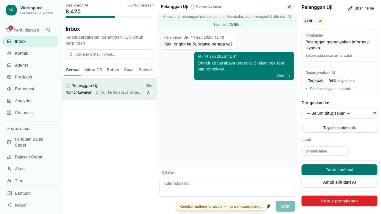 Halaman Inbox menampilkan percakapan WhatsApp yang masuk, dengan nama pelanggan, isi pesan, dan penanda sesi 24 jam yang masih aktif di kepala percakapan