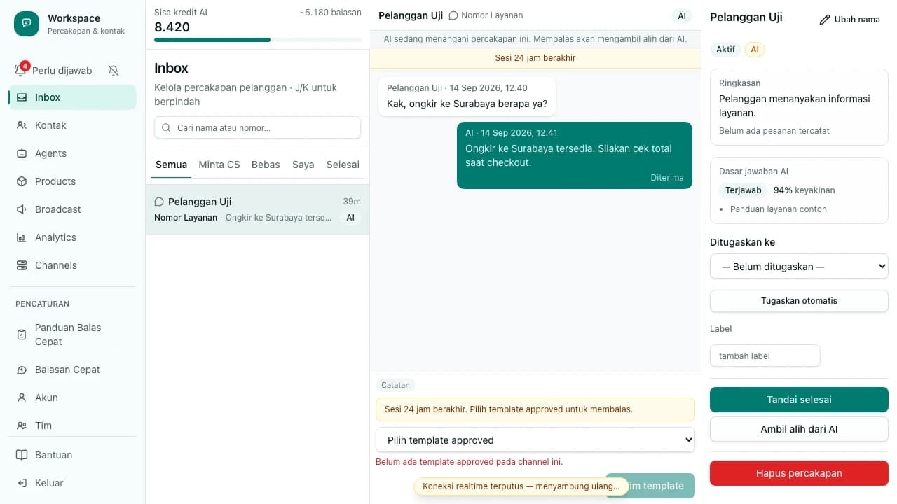 Kotak tulis Inbox dalam mode template: pemberitahuan bahwa sesi 24 jam berakhir, pemilih template approved, dan tombol Kirim template